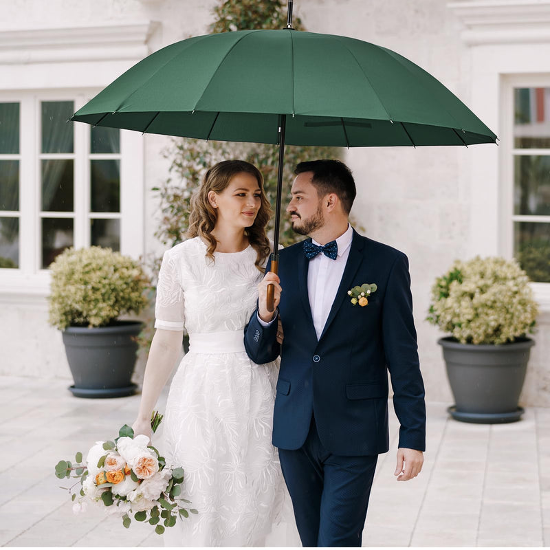 G4Free 54 Inch Large Umbrella for Rain Auto Open Golf Umbrella for 2 People | 16 Ribs Strong Windproof, Heavy Duty Stick Umbrella, Classic Wooden J Handle, Carrying Case，Travel & Golf for Men Women Dark Green