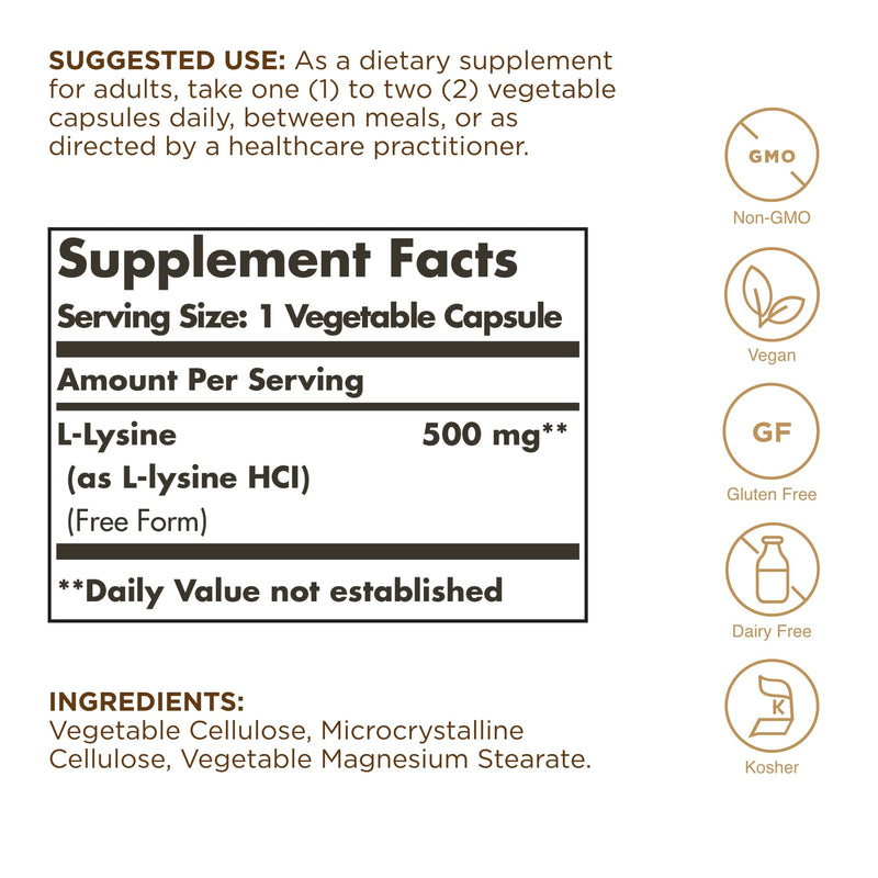 [Australia] - SOLGAR L-Lysine 500 mg - 100 Vegetable Capsules - Skin & Tissue Support - Non-GMO, Vegan, Kosher, Gluten Free - 100 Servings 1 