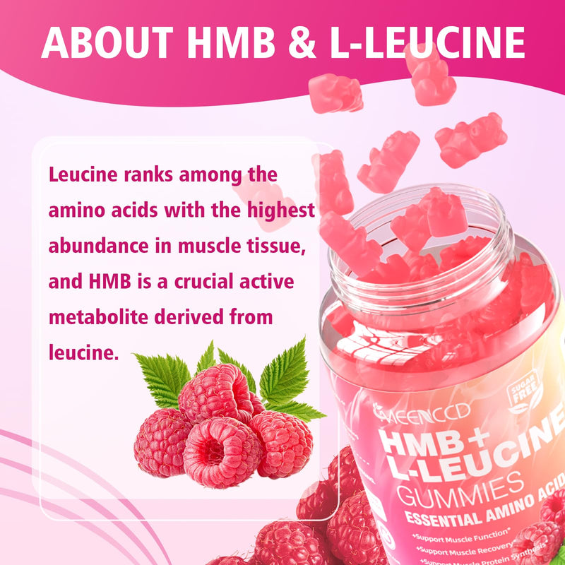MEENCCD HMB and L-Leucine Gummies, HMB and Leucine Amino Acid for Muscle Growth, Muscle Maintenance, and Muscle Comfort, for Men & Women, Sugar-Free, Raspberry Flavor, 60 Count 60 Count (Pack of 1)
