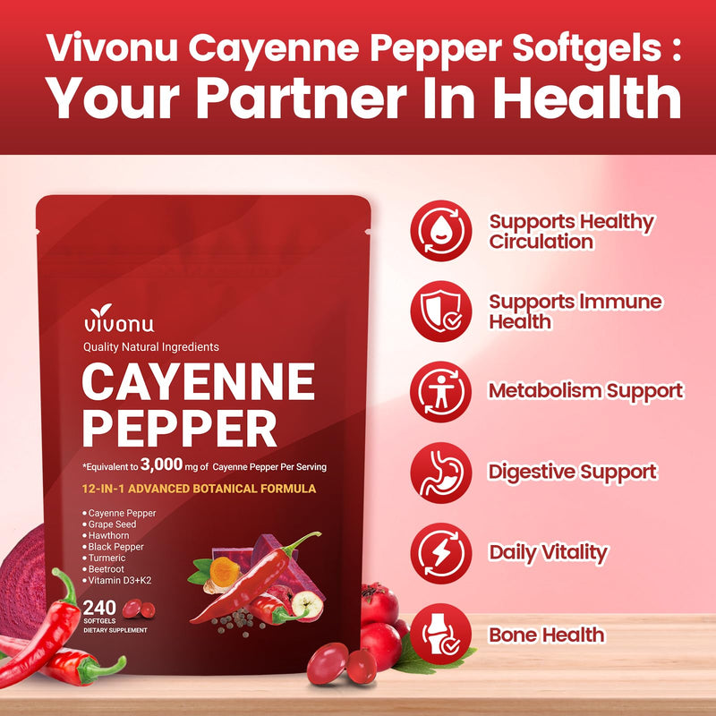 VivoNu 12-in-1 Cayenne Pepper Softgels Supplement, 240 Capsules | Supports* Leg Vein, Heart & Blood Vessel Health; Vitamin E, D3+K2, Grape Seed, Hawthorn, Beetroot & Berberine 1 Bag