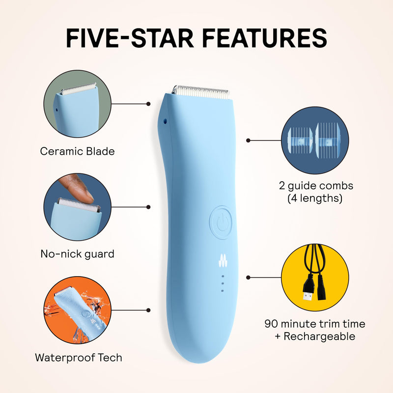 MERIDIAN The Trimmer Original - Body Hair Trimmer for Men, Electric Shaver for Pubic Hair, Chest, Legs & Bikini, Waterproof & Rechargeable, Sky