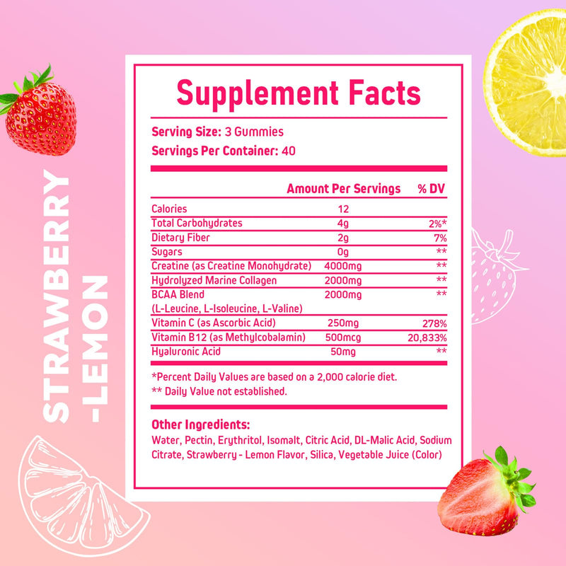 Creatine for Women + Collagen + BCAAs + Vitamin C & B12, 120 Sugar Free Creatine Gummies for Women, Creatine Monohydrate Gummies Pre Workout for Booty, Energy & Strength, Strawberry-Lemon Flavor