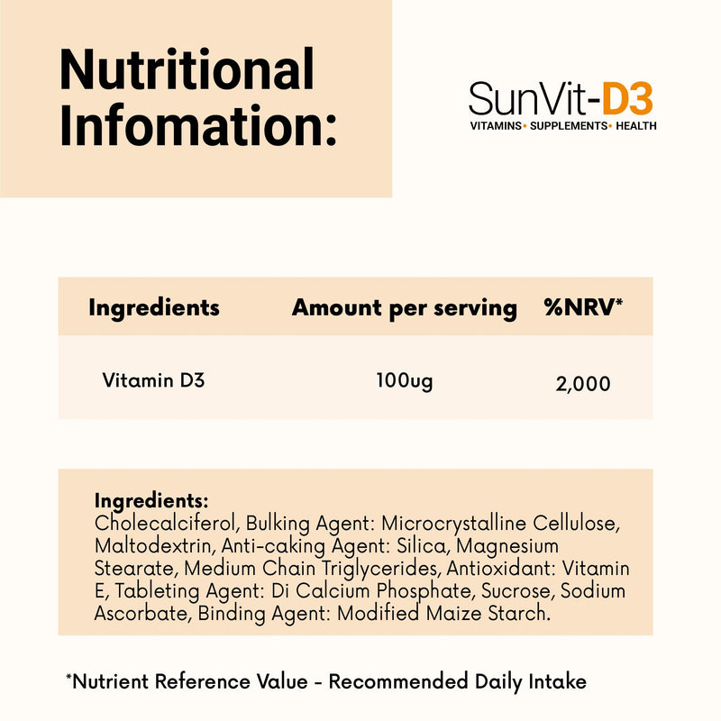 SunVit-D3 Vitamin D3 4000 IU Tablets | High Strength Vitamin D Tablets Supports Immune System, Bone, Teeth & Muscle Health | Gluten Free, Dairy Free | Vitamin D Supplements (28 Count)