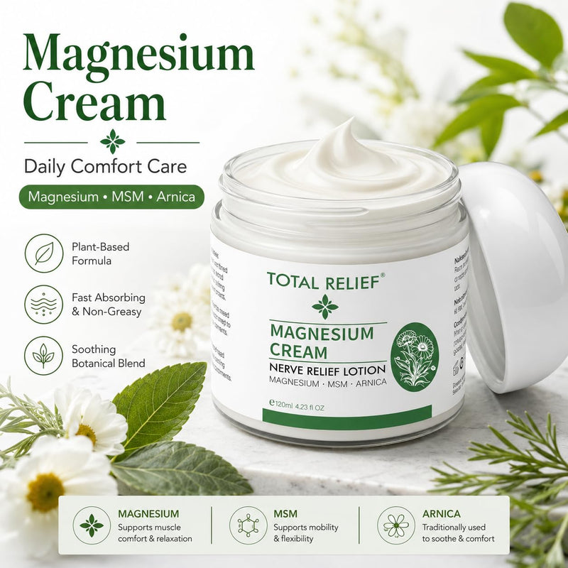 TOTAL RELIEF Magnesium Cream - Extra Strength Lavender Magnesium Lotion for Foot, Hands, Legs, Toes Includes Arnica, Vitamin B6, Aloe Vera, MSM