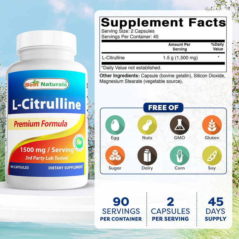 Best Naturals L-Citrulline Capsules - 1500mg/Serving - Non-GMO - Gluten Free - 90 Capsules (90 Count (Pack of 1)) 90 Count (Pack of 1)