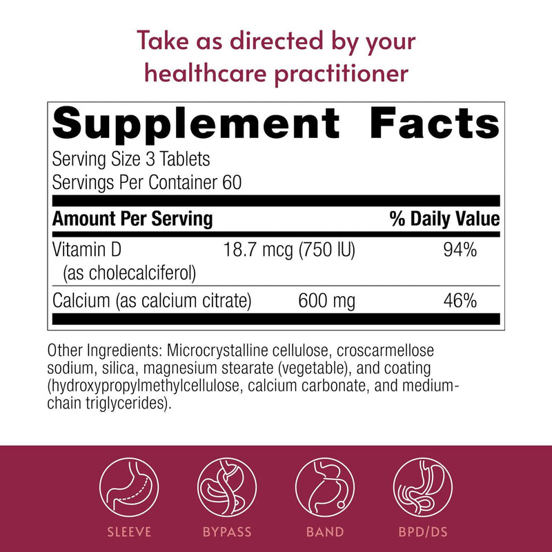 Bariatric Advantage Non Chewable Calcium Citrate, 180 Tablets | 600 mg Calcium Citrate with Vitamin D3, Mineral Supplements for Bariatric Surgery Patients, Non-Chewable Tablet Format