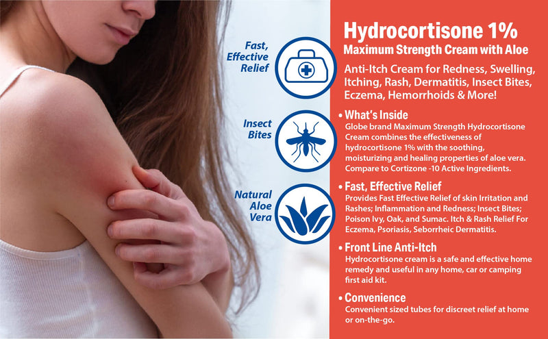 [Australia] - Globe Hydrocortisone Maximum Strength Cream 1% w/Aloe, 16 oz, Anti-Itch Cream for Redness, Swelling, Itching, Rash, Bug/Mosquito Bites, Eczema, Hemorrhoids & More, 16 oz Jar 