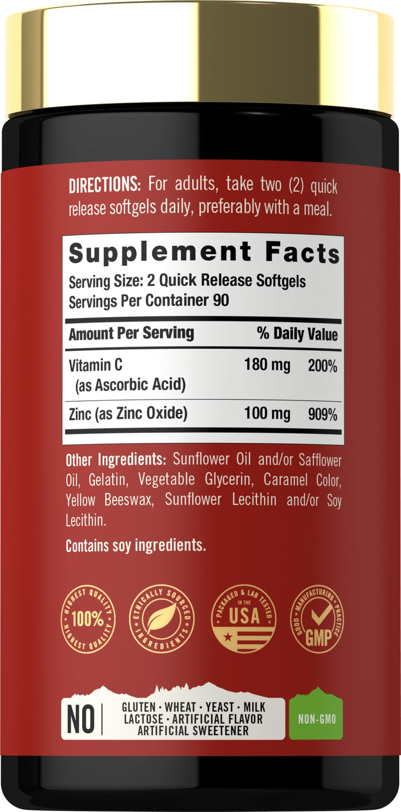 Carlyle Zinc Supplement 100mg with Vitamin C | 180 Softgels | Non-GMO, Gluten Free | Tahoe Nutritionals