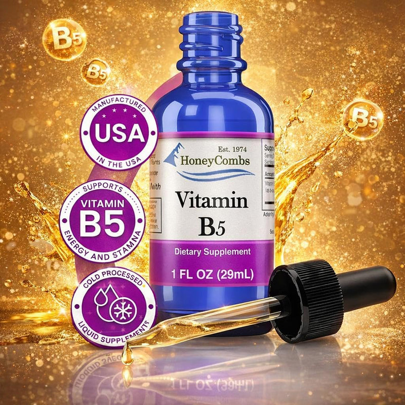 HoneyCombs Vitamin B5 Liquid Drops Pantothenic Acid, 1oz | Liquid Vitamin B5 (Pantothenic Acid) supports healthy energy metabolism with a fast-absorbing liquid formula 1 Fl Oz (Pack of 1)
