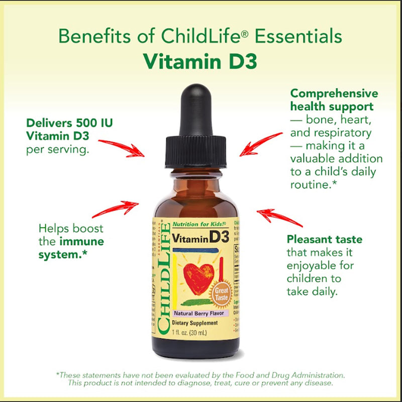 CHILDLIFE ESSENTIALS Baby Vitamin D3 Drops, Berry, 1 Fl Oz (Pack of 1) | Infants, Children, Toddlers, Vitamin D Drops, 500 IU per Serving, Immune & Bone Health Support, Natural Berry Flavor 1 Fl Oz (Pack of 1)