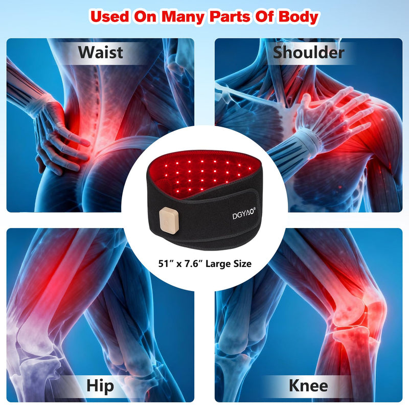 Red Light Therapy Belt for Back Pain Relief, Portable 660nm Light Therapy Wrap for Body and Waist, Rechargeable Cordless Controller SMD 3 in 1 Bulb Light for Joint Pain Relief Muscle Relax C-black