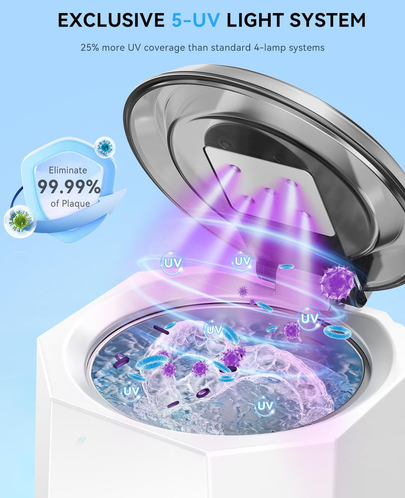 [Australia] - SUNPOW Dental Ultrasonic Retainer Cleaner Machine - 48kHz Retainer Cleaner with 5 UV Lights for Night Guards, Mouth Guards, Dentures- 220ML Dental Cleaning Pod Upgrade Design 