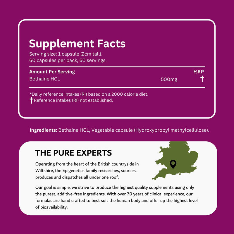 Betaine HCl (Hydrochloride) 500mg | Protein Breakdown & Vitamin Absorbtion | 60 Vegan Friendly Capsules UK Made | Long 2 Month Supply by Epigenetics Supplements