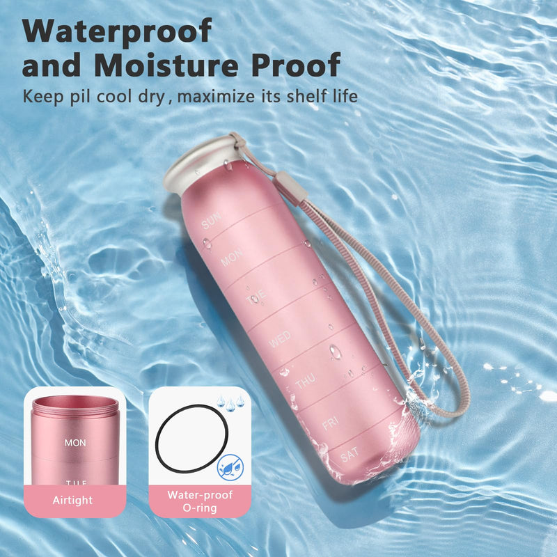 Weekly Pill Organizer, Portable Travel 7 Day, Waterproof Container, Large, Aluminum, Metal, Hold Vitamins, Cod Liver Oil, Supplements and Medications (Pink) Pink