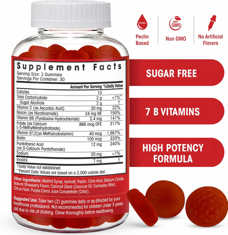 Sugar Free Methylated Vitamin B Complex Gummies for Energy Support - Vitamin B12, B6, B7 Biotin, B9 Folate, B3 Niacin & B5 - Vegan, Third Party Tested - Prenatal & Older Adults - 60 Gummies