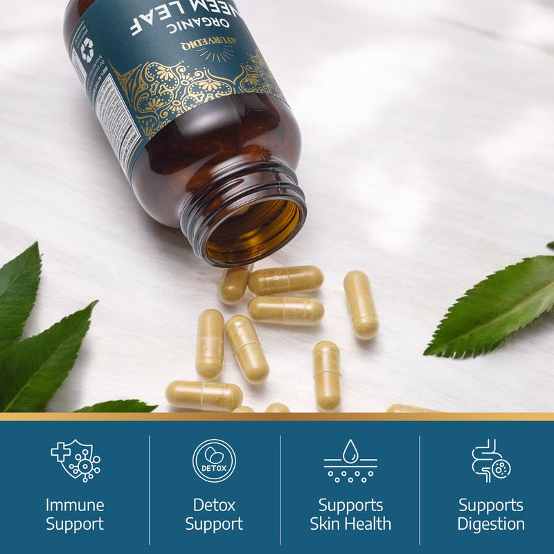 Ayurvediq Organic Neem Leaf Capsules x60 600mg (Azadirachta Indica) – Indian Lilac Neem Powder Organic – Detox, Immunity Support, Clear Skin Soil Association Organic Health and Wellbeing Supplements