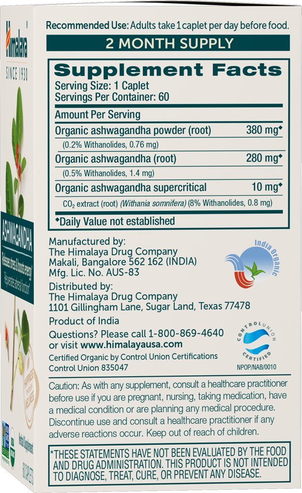 [Australia] - Himalaya Organic Ashwagandha, 120 Day Supply, Herbal Supplement for Stress Relief, Energy Support, Occasional Sleeplessness, USDA Organic, Non-GMO, Vegan, Gluten Free, 670 mg, 60 Caplets, 2 Pack 