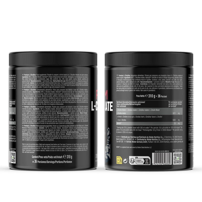 Weider Premium L-Citrulline Malate (310g) Unflavoured, Pre Workout 99% L-Citrulline Malate (6g /Serving) + AstraGin for Better Absorption, Increases Performance & Energy, Stimulant-Free, 36 Servings