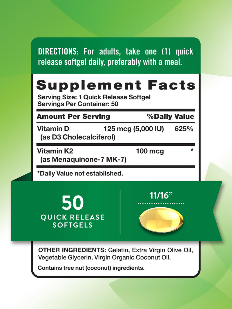[Australia] - Nature's Truth Vitamin K2 MK7 Complex | 100 mcg | 50 Softgels | with D3 | Non-GMO & Gluten Free Supplement 50 Count (Pack of 1) 