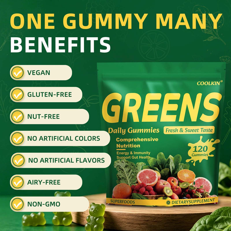 COOLKIN Greens Daily Gummies, Adult Super Greens Multivitamin Superfood Gummies with Spirulina, Chlorella, Adaptogens & Prebiotic Fiber - Digestive Health Support, (20 Count)