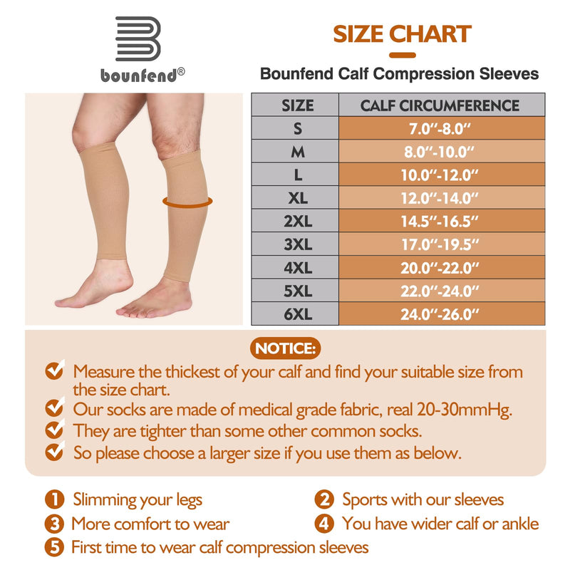 bounfend® Calf Compression Sleeves Socks for Men & Women (20-30mmHg) Leg Plus Size, Medical Grade for Varicose Veins, Swelling, Shin Splint, Edema, Nurses & Maternity, Running, Beige XXXL XXX-Large