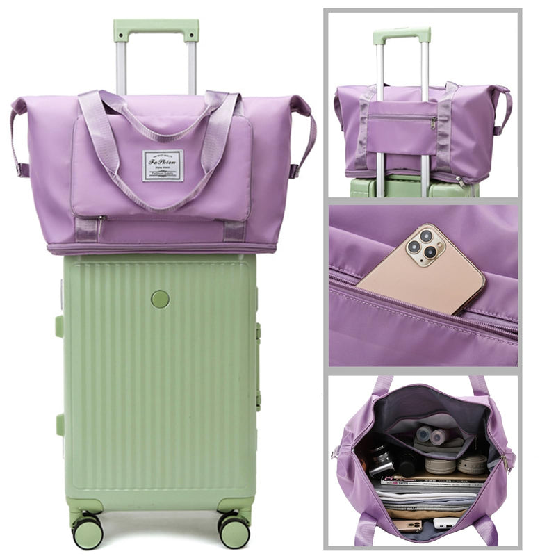 Large Capacity Travel Bag, Foldable Travel Bag, Expandable Duffel Bag, Collapsible Waterproof Large Capacity Handbag, Overnight Bags for Women and Man(Light Purple+Toiletry Bag) Light Purple+Toiletry Bag