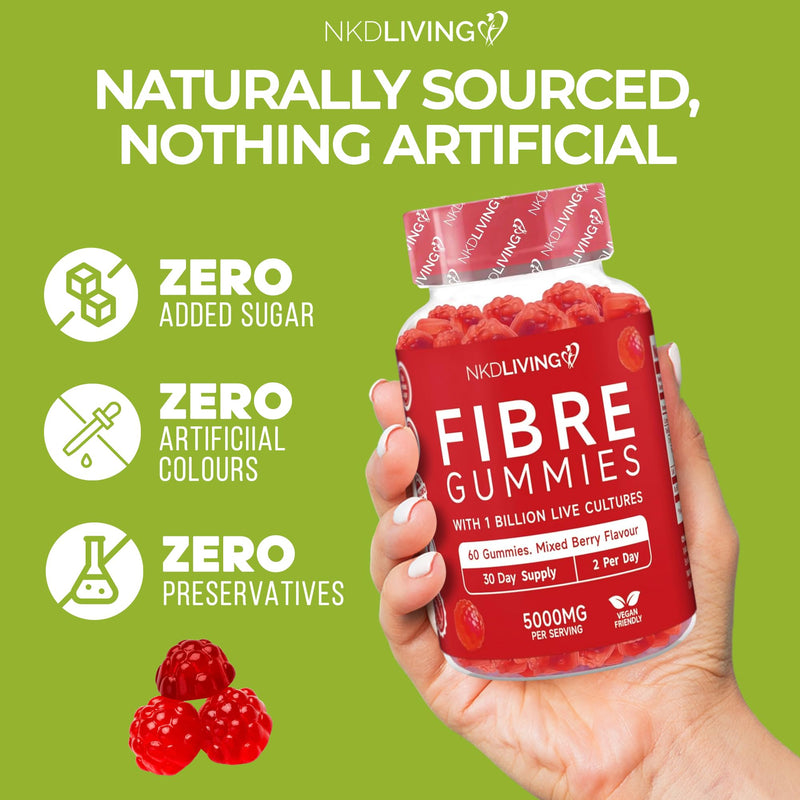 NKD Living High Fibre Inulin Gummies (60 Vegan Gummies) 5g of Fibre per Serving - with 1 Billion Live Cultures - Gut Health and Digestive System Support 1 count (Pack of 60)