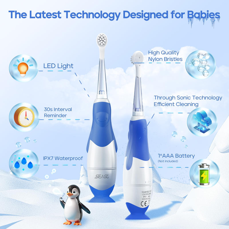 [Australia] - SEAGO Toddler Electric Toothbrushes for Baby Ages 0-3 Years, Baby Toothbrush with Smart Timer and Suction Base, 4 Replacement Brush Heads SG-513 (Navy-C) Navy-c 