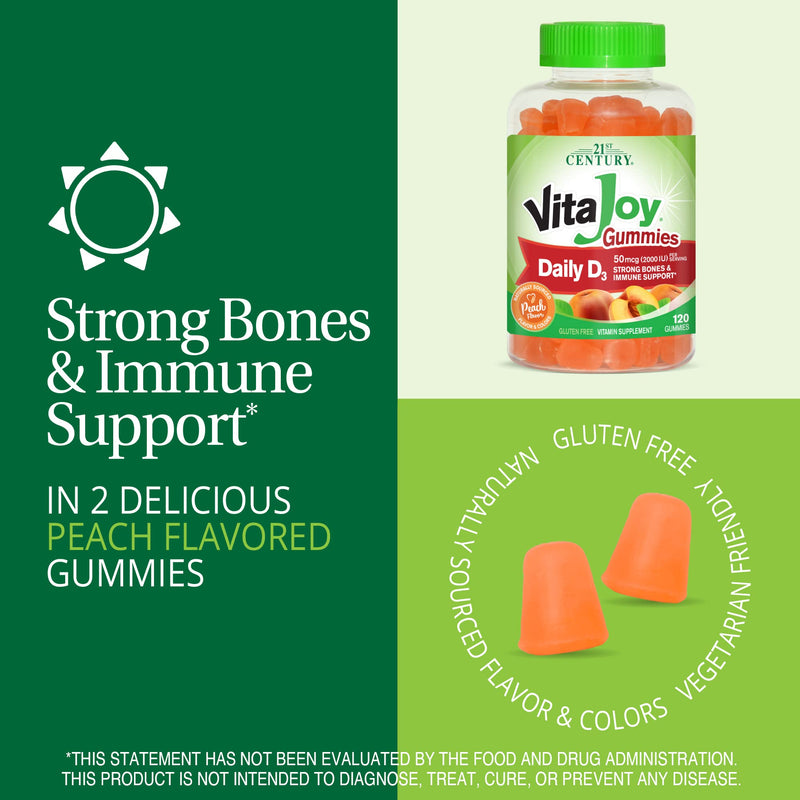 21st Century VitaJoy Vitamin D3 Gummies 2000 IU, Peach, 120 Count | Daily Vitamin D3 2000 IU Gummies, Immune & Bone Health Support, Delicious Peach Flavor, Gluten Free