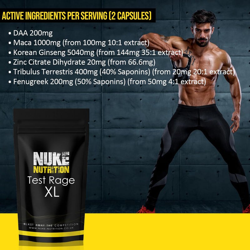 Nuke Nutrition Test Rage XL Testosterone Booster for Men | 180 Capsules | Anabolic Supplement to Enhance Male Testosterone Levels | Boost Lean Physique, Muscle Growth & Strength | Vegan & Easy Swallow 1 count (Pack of 180)