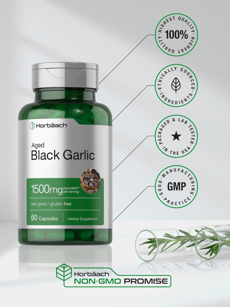 Horbäach Aged Black Garlic Capsules 1500mg | 60 Count | Fermented Extract Supplement | Non-GMO, Gluten Free