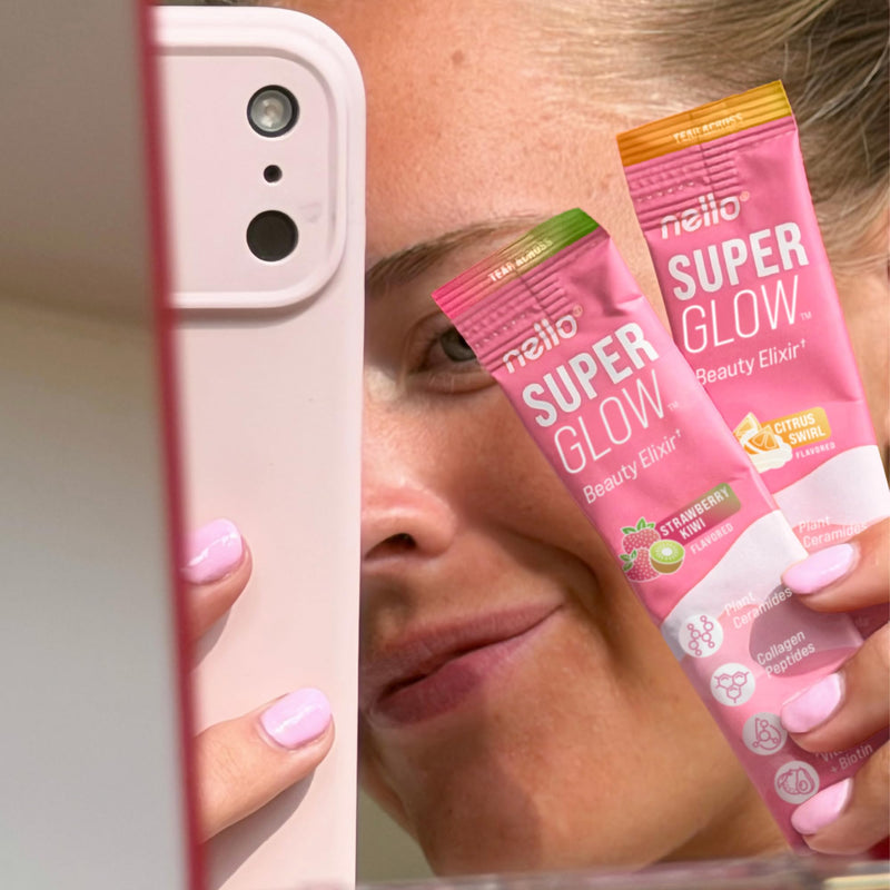 Nello Superglow Powdered Drink Mix, Skin Hydration, Glow & Hair Support, Collagen Peptides, Hyaluronic Acid, Ceramosides, Biotin & Vitamin C, 20 Stick Packs (Strawberry Kiwi) Strawberry Kiwi