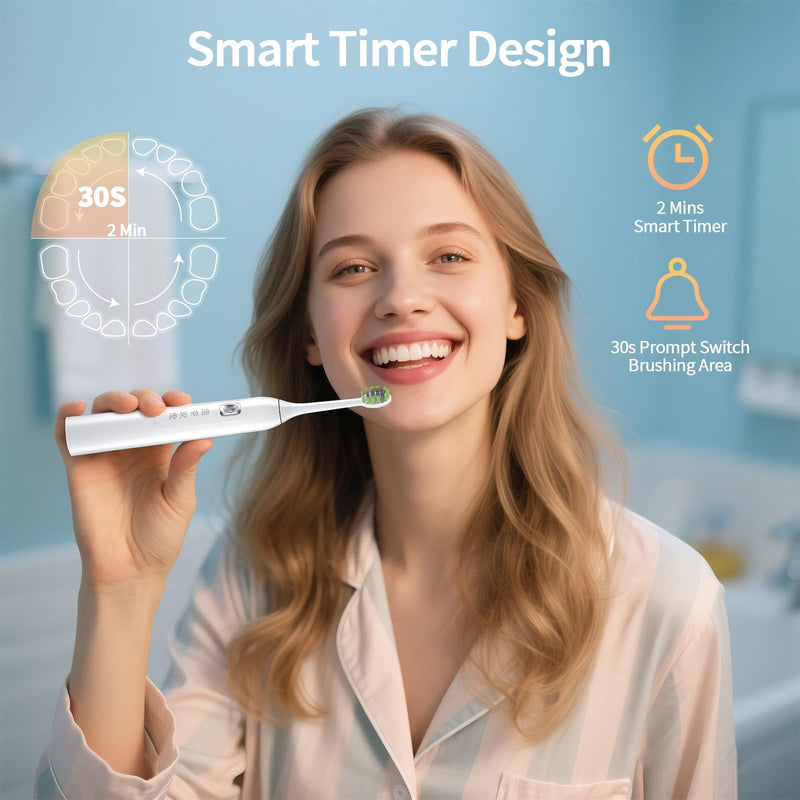 Electric Toothbrush for Adults, 42000 VPM Deep Clean Sonic Toothbrush with 6 Brush Heads, 4 Modes, 120-Day Battery Life, IPX7 Waterproof Rechargeable Toothbrushes Built-in Smart Timer (White)