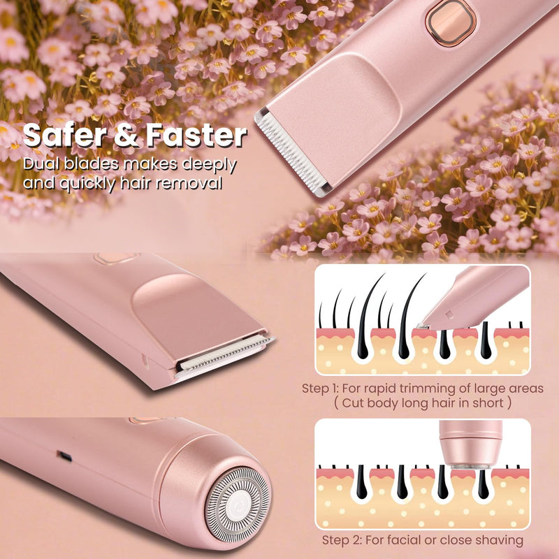 [Australia] - Bikini Trimmer for Women 2-in-1 Electric Razors for Pubic Hair Painless Wet & Dry Use Dual Head Electric Shaver for Women Support 60 Minutes Runtime for Facial Hair Removal & Body & Intimate Areas 