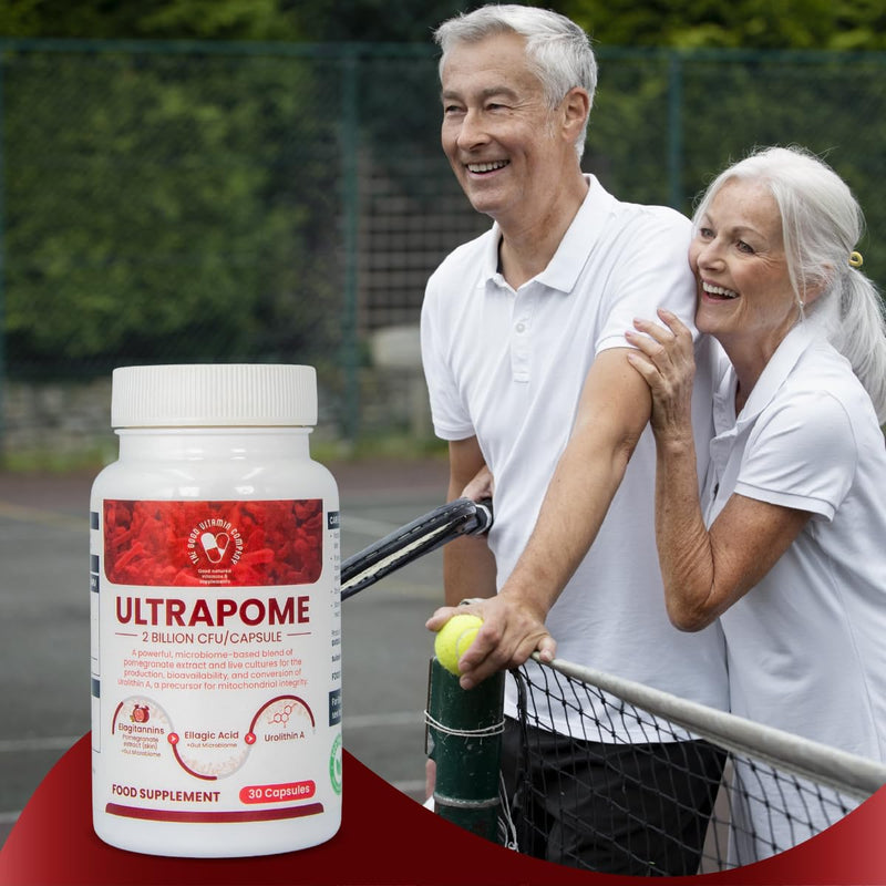 Ultrapome – Train Your Body to Produce Urolithin A Naturally. Gut Microbiome + Pomegranate Extract + Probiotics = Cellular Renewal & Mitochondrial Support. 30 Vegan Capsules