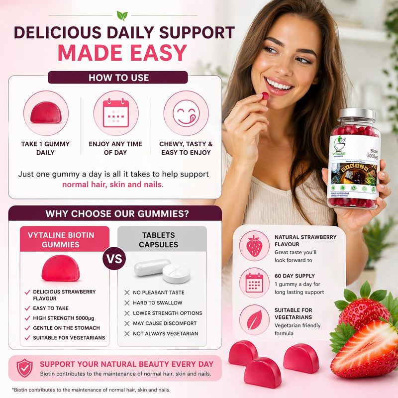 Biotin 5000mcg Hair, Skin and Nail Growth Support Gummy Supplement - 60 Natural Strawberry Flavour Chewable Gummies - 2-3 Months Supply – Vegan Friendly – for Men and Women