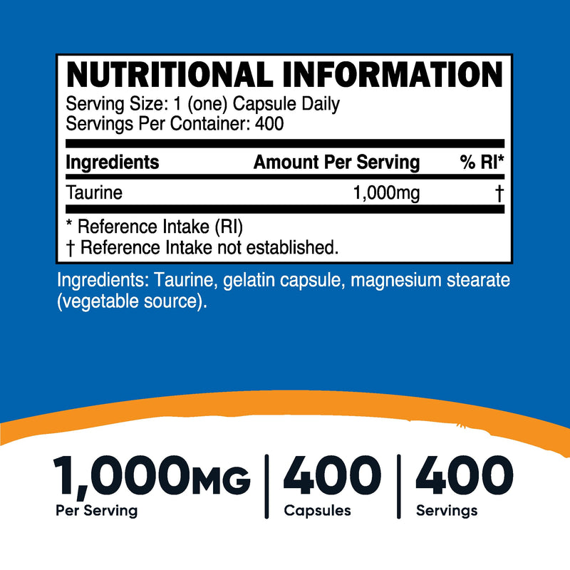 Nutricost Taurine 1000mg, 400 Capsules 400 Count (Pack of 1)