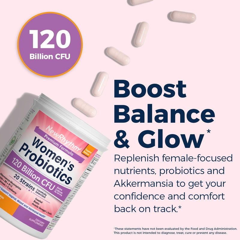 NewRhythm Probiotics for Women, Akkermansia Probiotic, Biotin, Vitamin B6 B12 & Inositol, 120 Billion CFU 20 Strains, Digestive Enzymes, Prebiotics & Vaginal Probiotics for PH Balance, 60 Capsules