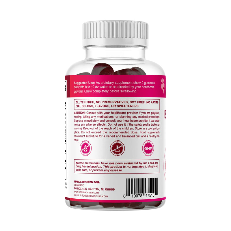 Vitamatic Beet Root Gummies with B6, B12, Grape Seed, Pomegranate & Nicotinamide – Plant-Based Extract – Vegan, Non-GMO – Botanical Supplement Gummies – 60 Count - 2 Pack (120 Count)