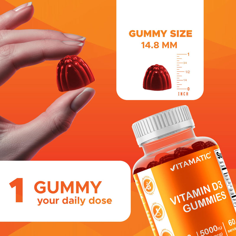 Vitamatic Vitamin D3 Gummies – 5000 IU Per Gummy | 60 Gummies | Vit D3 (Cholecalciferol), Natural Strawberry Flavor, Support Born, Teeth and Immune* Pectin Based, Non-GMO, Gluten Free 60 Count (Pack of 1)