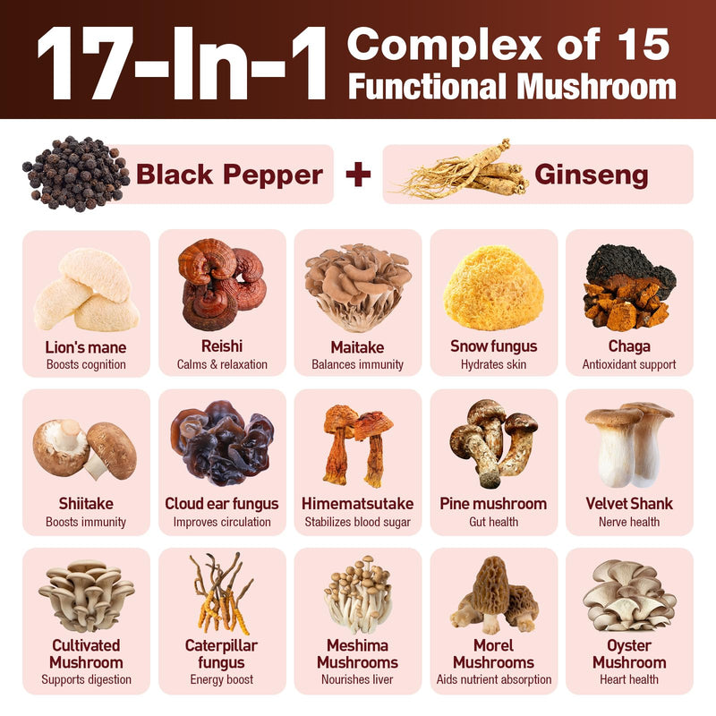 17-in-1 Mushroom Gummies High Strength 3000mg, Mushroom Complex Supplement with Lion’s Mane, Shiitake, Maitake, Reish, Black Pepper for Immune, Brain, Focus & Energy - 60 Vegan Gummies (Strawberry)