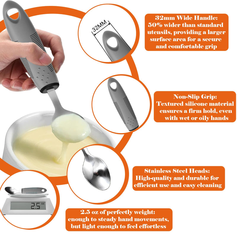 [Australia] - Adaptive Utensils with Adult Bib - 4pcs Weighted Utensils Set (2.5oz Each) for Hand Tremors, Elderly, Parkinson's, Arthritis - Non-Slip Easy Grip Handles for Independent Eating Gray 4 utensils + 1 bib butterfly 
