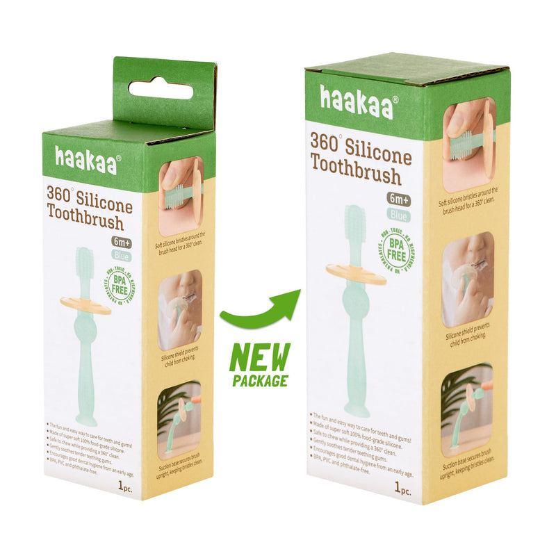 haakaa 360° Baby Toothbrush with Suction Base - Gentle Cleaning for Toddler's Self-Brushing Training, Food-Grade Silicone, Adjustable Safety Shield - Blue (1 Piece)