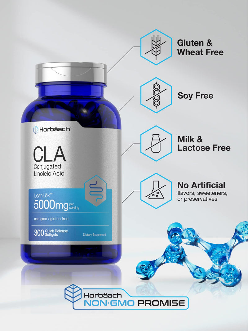 Horbäach CLA Supplement | 300 Softgel Pills | Maximum Potency | Conjugated Lineolic Acid from Safflower Oil | Non-GMO, Gluten Free