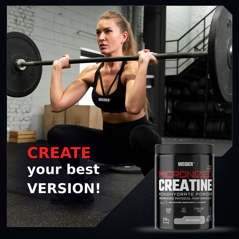Weider Micronized Creatine Monohydrate Powder (310g) UnFlavoured, 99% Creatine Monohydrate 200 Mesh Ultrafine with AstraGin, No Sugar, No Fat, Vegan, Increases Physical Performance (90 Servings)