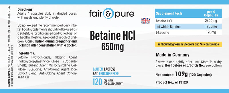 [Australia] - Fair & Pure® - Betaine capsules 650mg - 120 capsules - Betaine HCI/Betaine hydrochloride - vegan - without magnesium stearate 