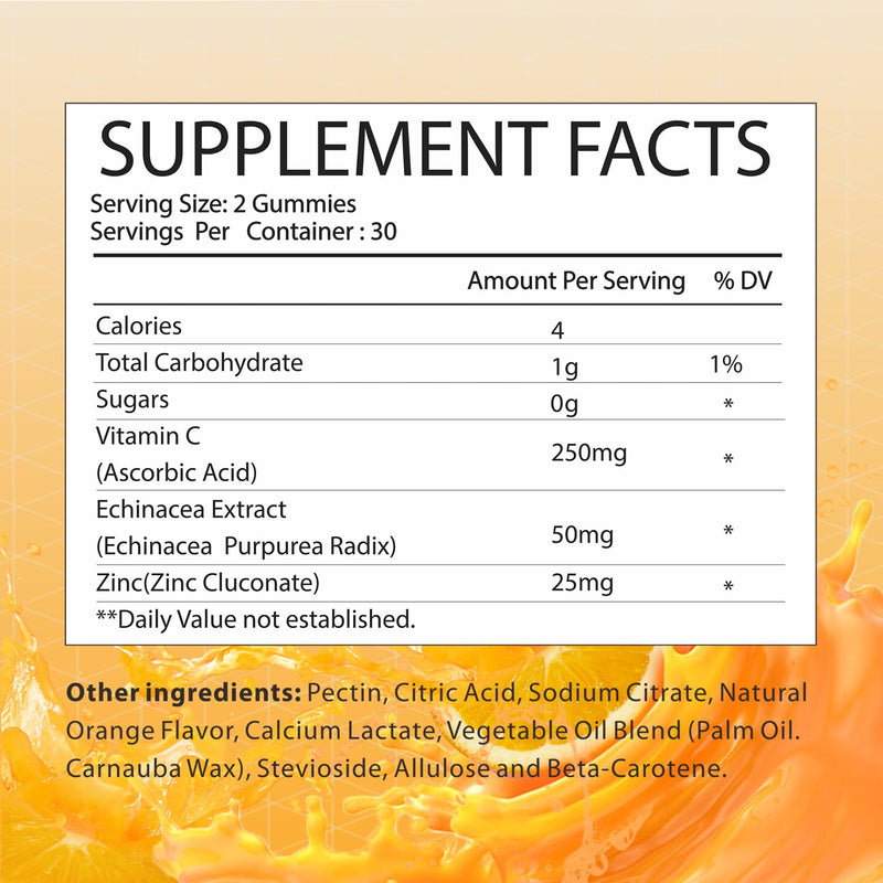 High Strength Vitamin C no creatine (Ascorbic Acid) Gummies + Zinc – Zesty Orange Flavour – Chewable Vegan Gummy Supplement – Immune, Collagen, Energy & Antioxidant Support – 1 Month Supply