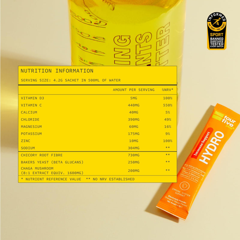 fourfive Hydration Sachets (Immune Support) - Hydro Electrolytes Powder with Vitamins, Wellmune® & Chaga Mushroom, Immunity for Defence - Orange & Mango, 30 Sachets 1 count (Pack of 30)