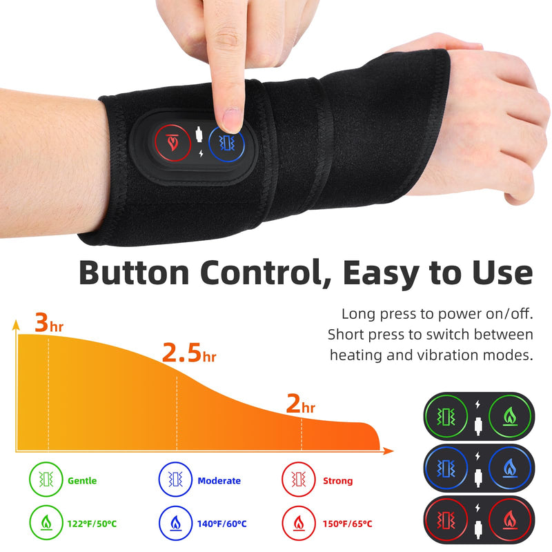 Cordless Wrist Hand Heating Pad Massage for Pain Relief, Rechargeable Heated Wrist Brace for Carpal Tunnel, Red Light Therapy Heated Wrist Massager Wrap for Arthritis, Black