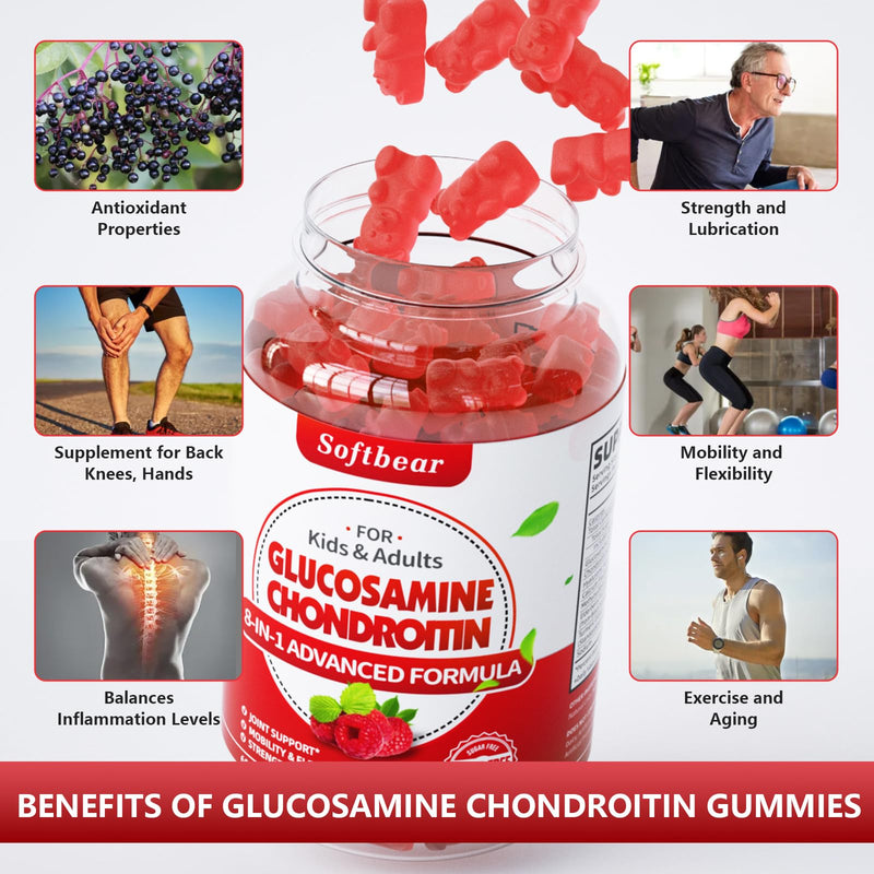 [Australia] - Glucosamine Chondroitin Gummies Sugar Free, Extra Strength Glucosamine Chondroitin Supplement for Natural Joint Support, Raspberry Flavored 60 Count 60 Count (Pack of 1) 